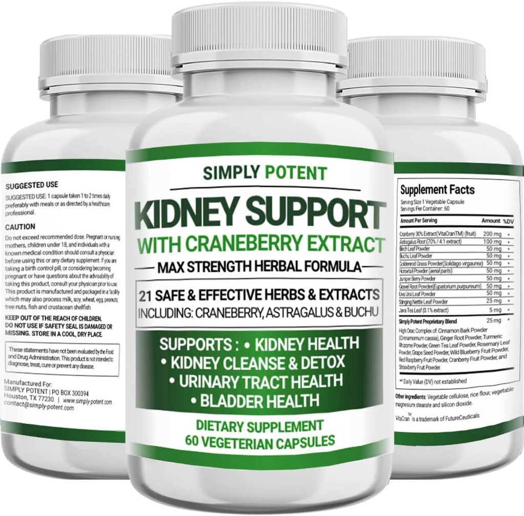 Ledviny Supplement Support, Ledviny Cleanse Detox & Opravy Formule pro ledviny Zdraví & Obnova, 705mg pilulky s 21 Byliny - Cranberry Astragalus & Juniper pro močový měchýř a močový trakt Zdraví, 60 Kapsle