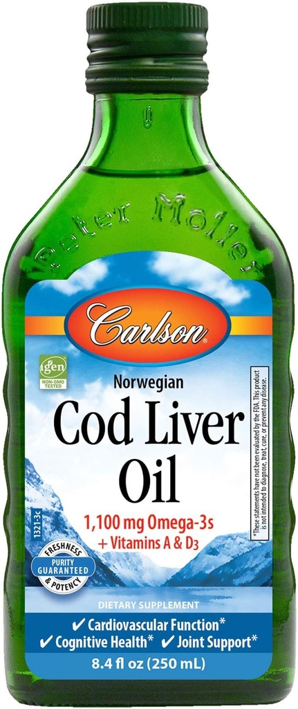 Carlson Cod Jaterní olej, norský, přírodní, 1,100 mg Omega-3s, 250 ml