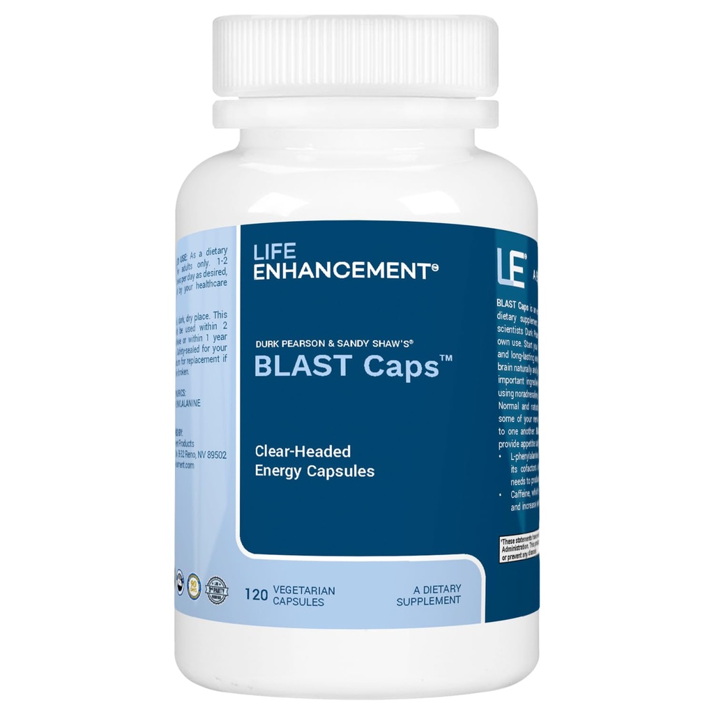 Life Enhancement Blast Caps, 60 Kapsle - Energy and Focus Supplement - Nootropics Brain Support Dodatek s B12, Niacin, kofein, Taurin, Fenylalanin, Vitamin C, & Více
