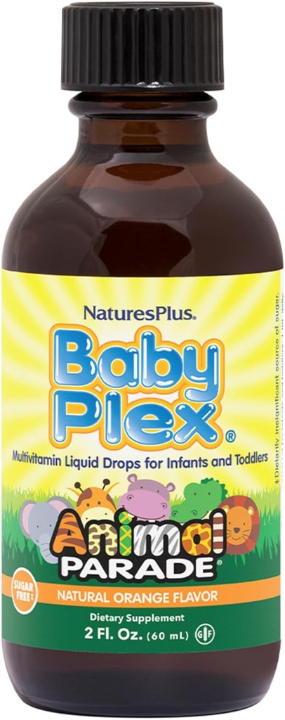 NaturesPlus Animal Parade Baby Plex, Natural Orange Flavor - 2 fl oz, Pack of 2 - Liquid Multivitamine for Infants & Toddlers - Sugar Free, gluten Free - 120 Total Servings