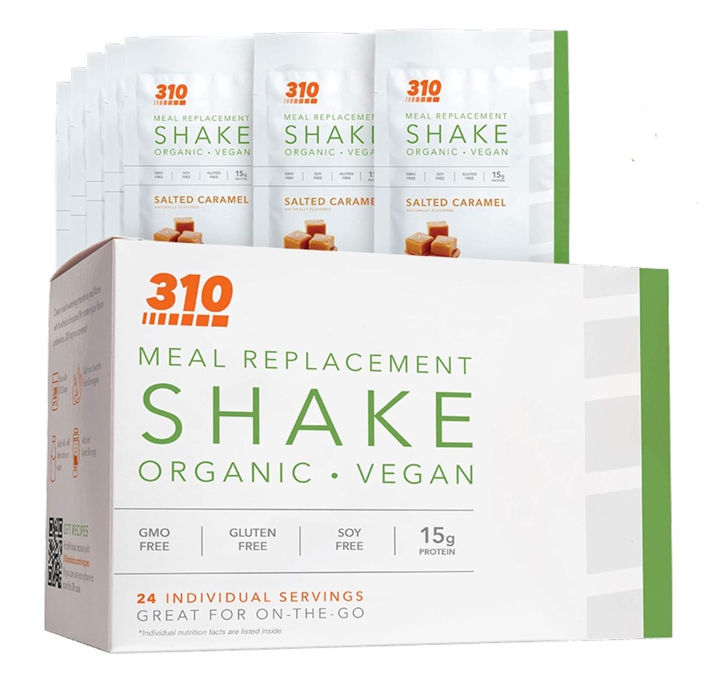 24 CT Organic Shake Box - Vegan Plant Protein Powder and Meal Replacement Shake - By 310 Nutrition - Gluten, Dairy and Soy Free - 0g cukru 124; Keto a Paleo Friendly (slaný karamel)