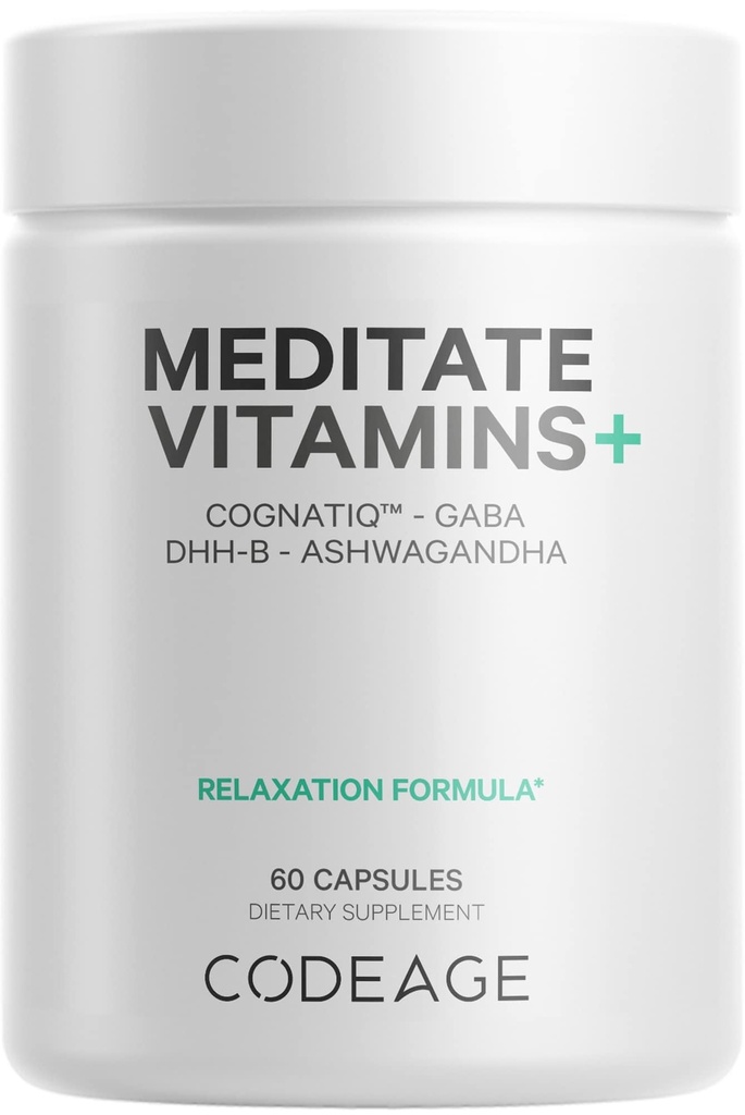 Codeage Meditate Vitamíny + dodatek - CognatiQ, DHH-B, GABA, Ashwagandha, organické houby, borůvky - BDNF Brain Pills a Neuroprotein - Vegan, Non- GMO, gluten- Free - 60 Kapsle