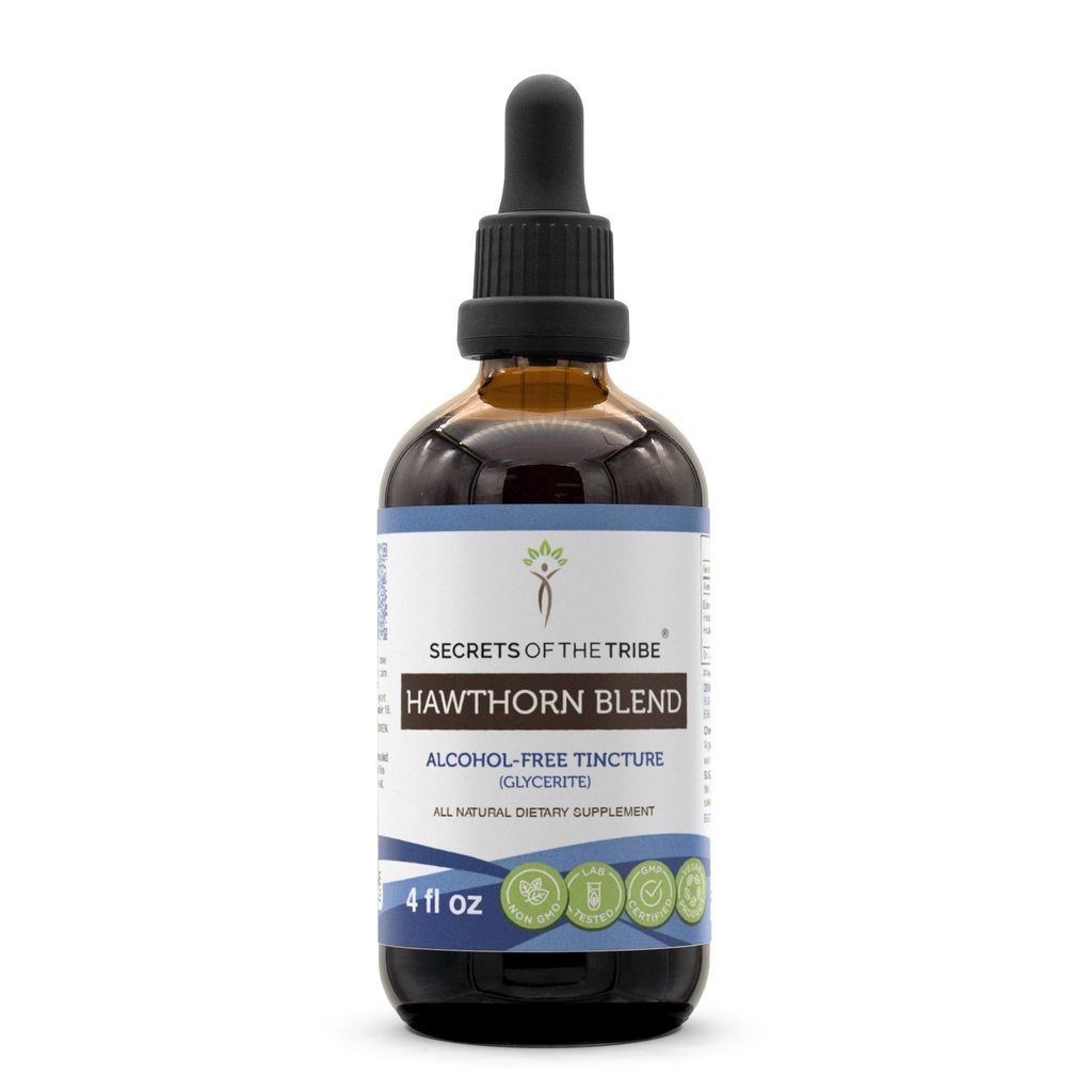 Tajemství Tribe Hawthorn Blend Tincture Alchol- Free Extract, Hawthorn (Crataegus spp.) Sured Leaf, Flower, Berry 4 oz