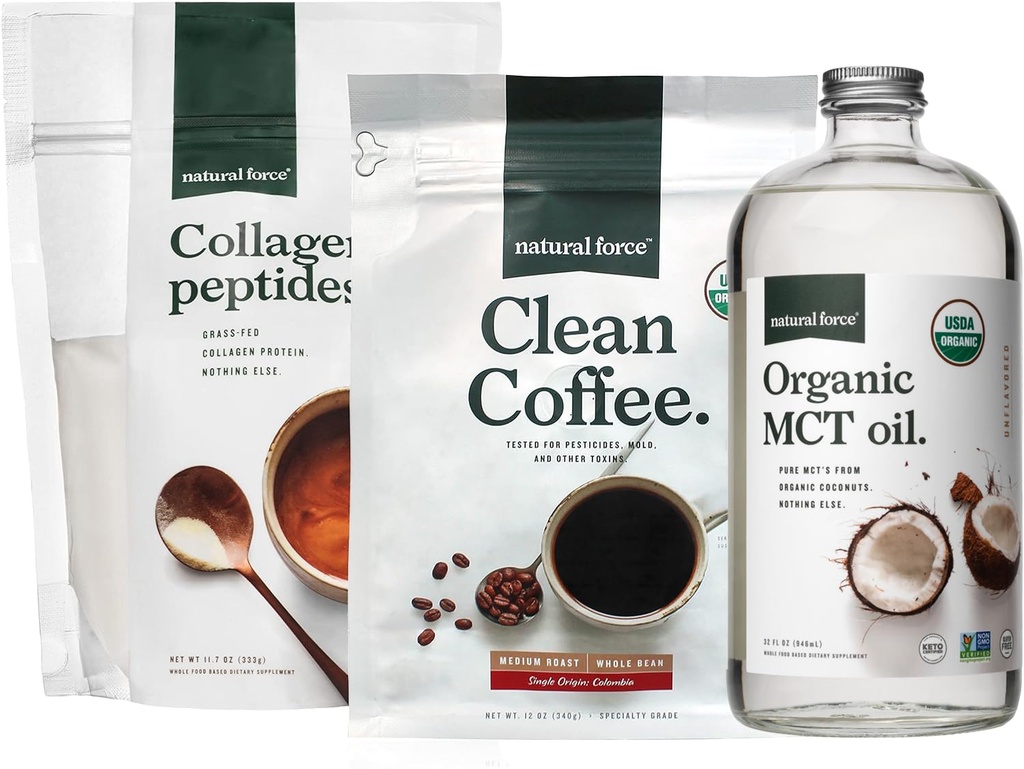 Natural Force Organic Clean Coffee + Collagen Peptides + Organic MCT Oil Bundle - Toxin Free Coffee, Grass Fed Collagen, & MCTs - Non- GMO, Keto, & Paleo - 12 Oz, 11.7 Oz, 32 Oz