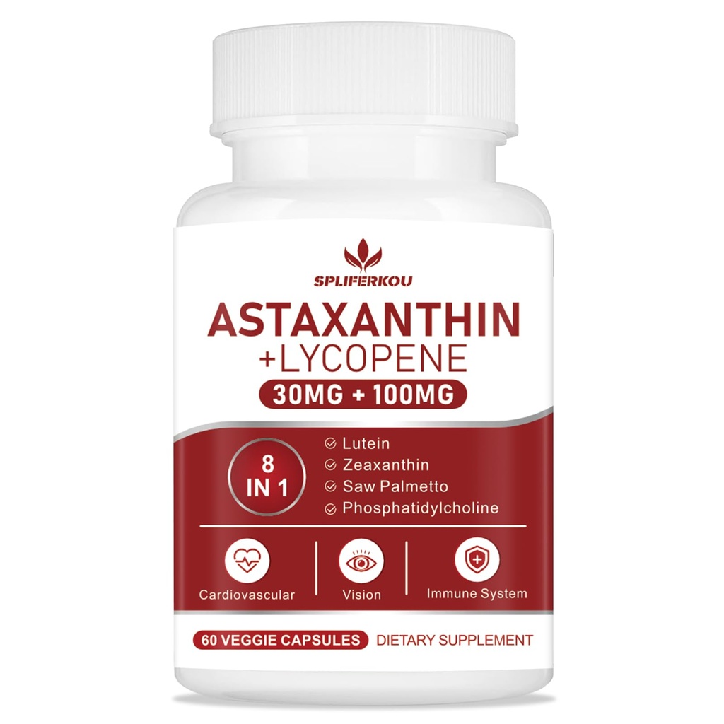 Astaxanthin a Lycopen 70mg, dodatek Astaxanthin s fosfatidylcholin, Lutein a zeaxanthin, Výkonná antioxidanty Supplement Podpora pro kůži, oko a společné zdraví (60 Kapsle)