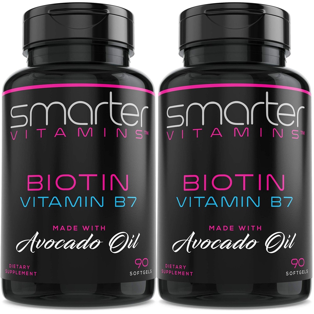 (2 Pack) Smarter Biotin 5000mcg v Avocado Oil, Vitamin B7, Non- GMO, 90 Mini Tekuté Softgels, No Soy
