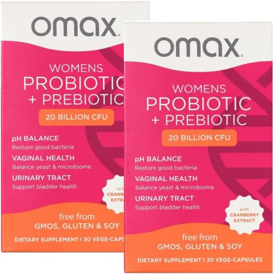 2 Pack Omax Prebiotika & Probiotika Komplex pro ženy, pH Balance, Vaginální zdraví, Močový Trakt, Kvasinky, UTI / BV Prevence, Bloating pH 20 miliard CFU 124; Vegan, Organic, Gluten Free, 60 Vege- Kapsle