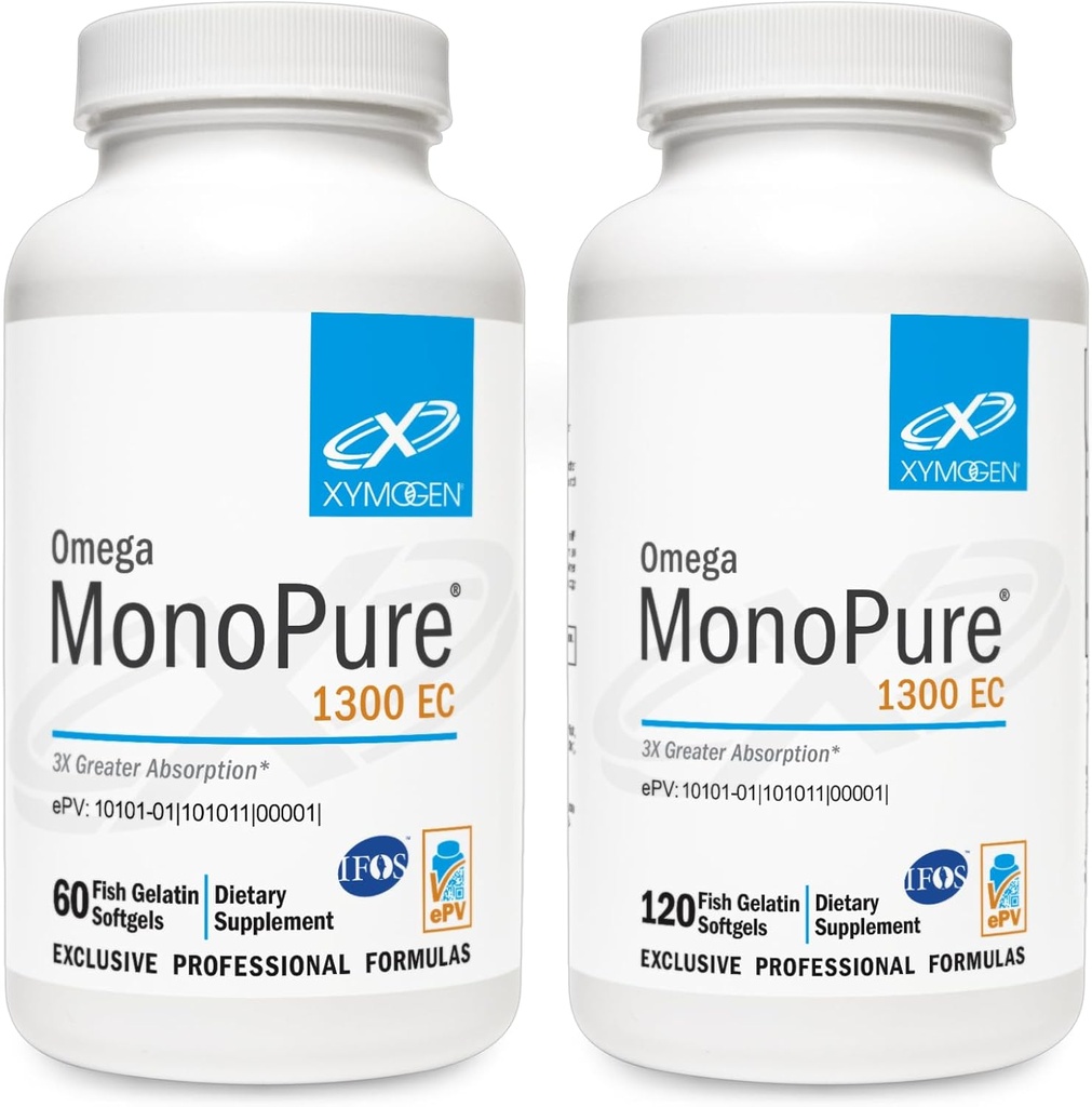 XYMOGEN Omega MonoPure 1300EC Bundle - 60 Softgels + 120 Softgels - Rybí olej s 3X větší absorpcí - DHA EPA Omega 3 dodatek pro srdeční zdraví + kognitivní podpora