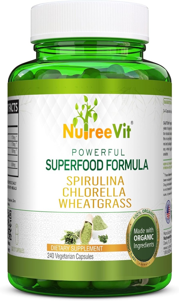 NutreeVit Pure 100% Organic Spirulina + Chlorella + Wheatgrass - Výkonné Superfood - Veggie Kapsle 124; 500mg