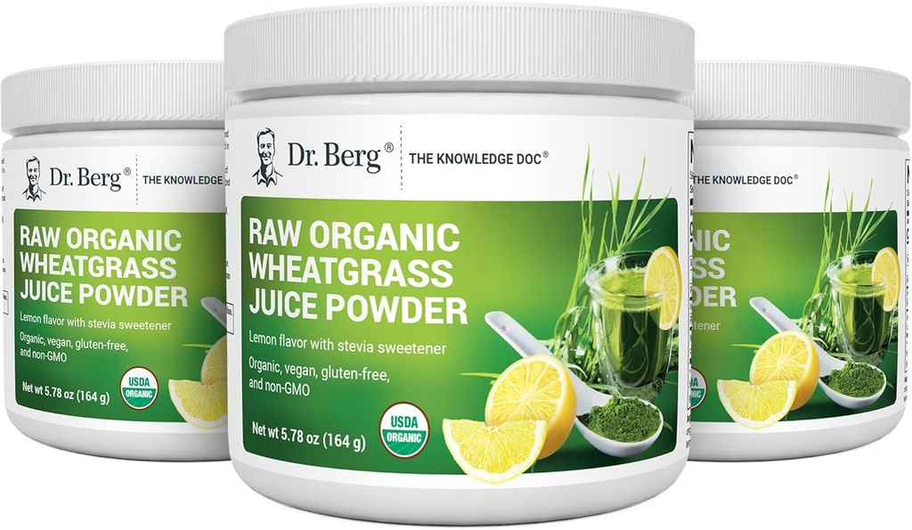 Dr.Berg 's Raw Wheatgrass Juice Powder (60 Servings) - USDA Certified Organic Wheatgrass Powder w / Chlorofyl, Trace Minerals & Natural Enzymes - Ultra- Concentrated - Lemon Flavor w / Stevia 3 Pack