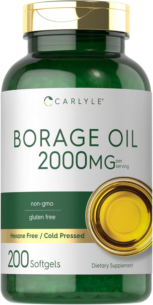 Carlyle Borage Oil Supplement CLAS124; 2000mg CLAS124; 200 Softgel Kapsle CLAS124; 320mg GLA CLAS124; Cold Pressed & Hexane Free CLAS124; Non- GMO & Gluten zdarma