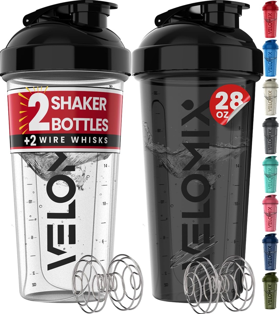 VELOMIX -2 Pack- 28 oz Lahvičky s proteinem pro proteinové směsi - 2x Wire Whisk CUP 124; Leak Proof Shaker Cups pro proteinové třepačky 124; Protein Shaker Bottle Pack (Black / Transparentní)