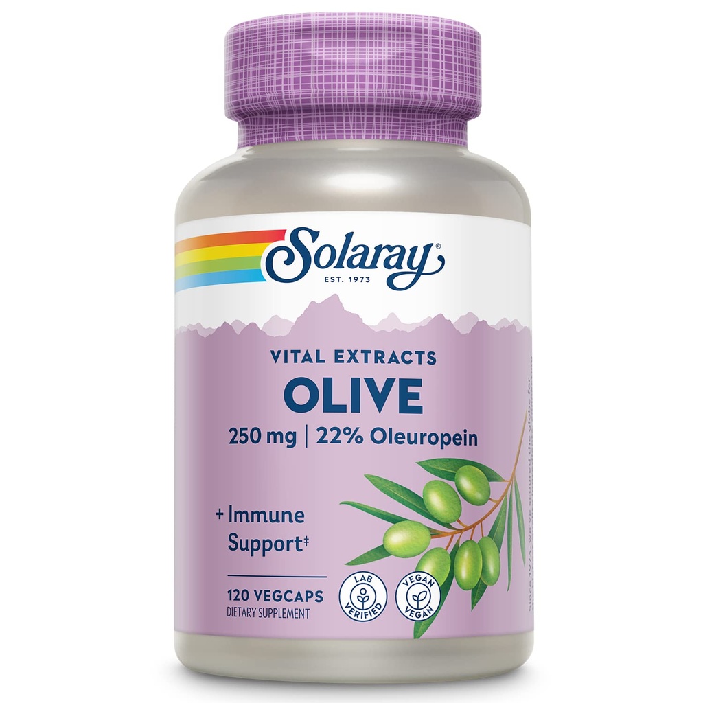 SOLARAY Olive 250mg - Extrakční kapsle Olive Leaf s 22% Oleuropeinem, Plus Lemon Balm - Polyfenoly dodatek pro wellness podporu - Vegan, 60- denní záruka, Laboratorní ověřené - 120 Služeb, 120 VegCaps