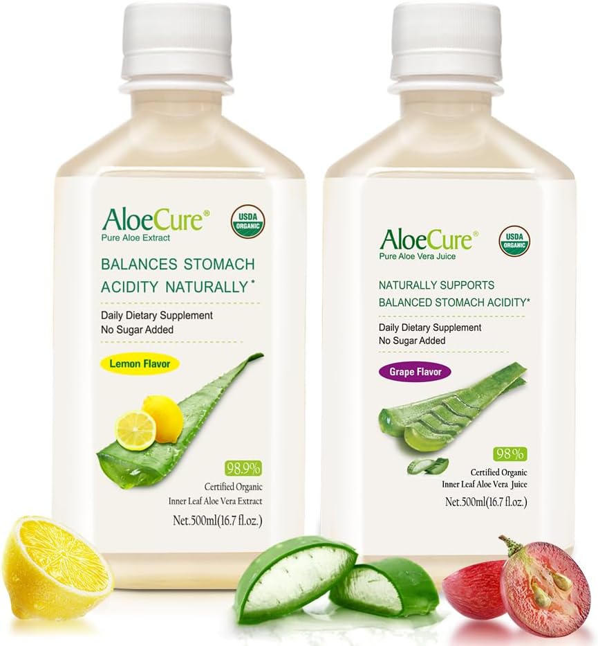 AloeCure Organic Aloe Vera Juice - 2 balení na vzorky lahví - Lemon and Grape Flavor - 2x500ml