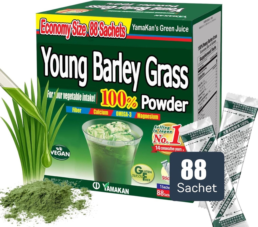 YAMAKAN Young Barley Grass Powder, Greens Superfood Powder Rich in Nutrients, Minerály, Vitamíny & Plant- Based Protein for Women & Men, Barley Grass from Japan, Non GMO 88 Count