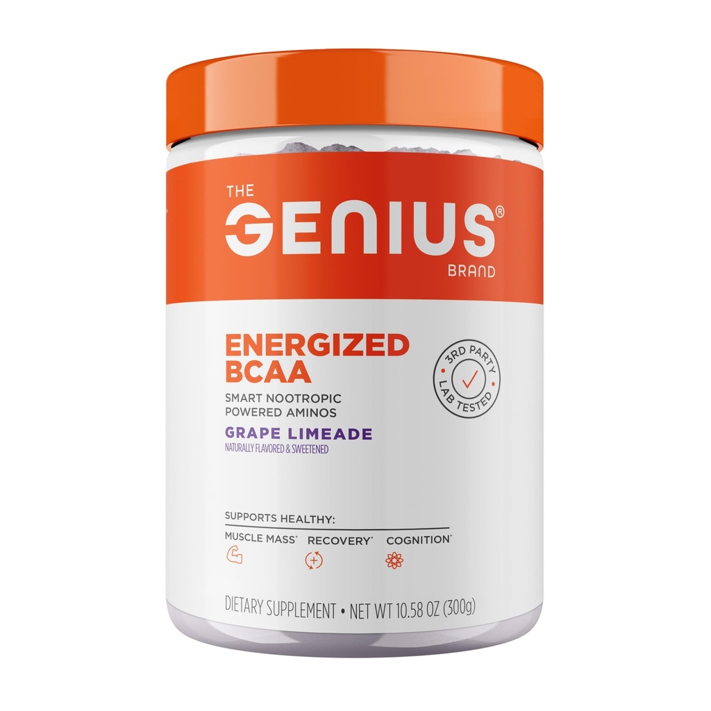 Genius BCAA Powder - 5g Vegan BCAAs L- glutamin, Cognizin & Rhodiola Muscle Recovery Energy Support 100mg Caffeine Pre, Intra, Post- Workout Nootropní dodatek pro Focus & Performance - Grape Limeade