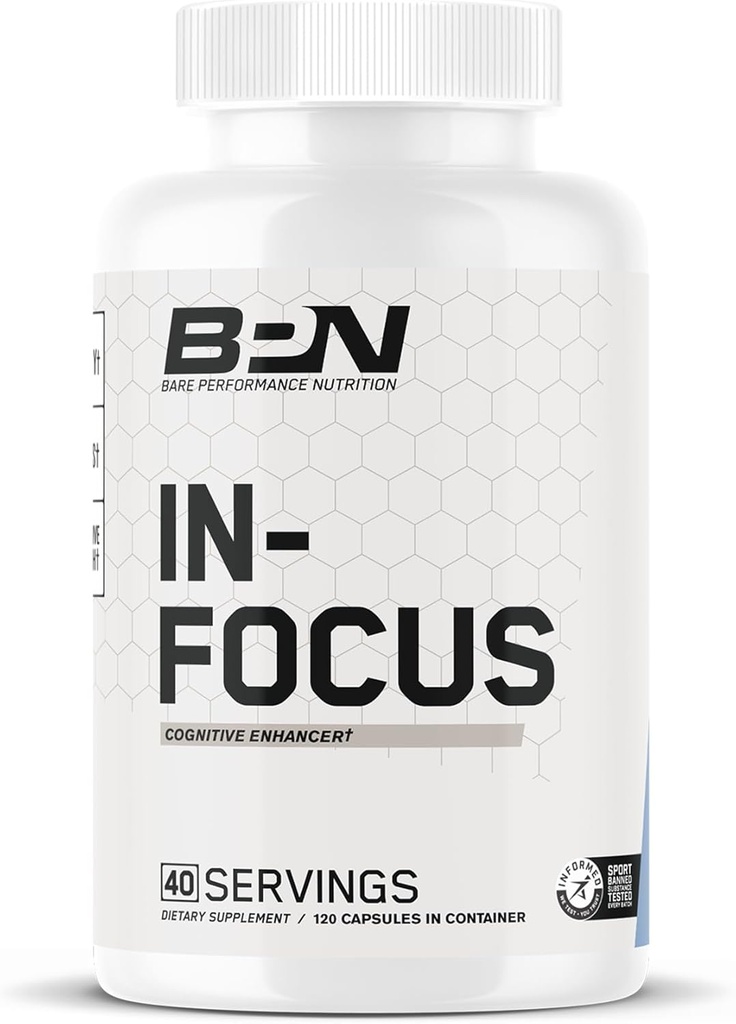 BARE VÝKONNOST VÝKONNOSTI BPN in- Focus Brain Supplement for Memory & Focus Caffeine Pills, 1g L Tyrosin per Serving + Alpha GPC, 40 Servings, gluten Free + Vegan