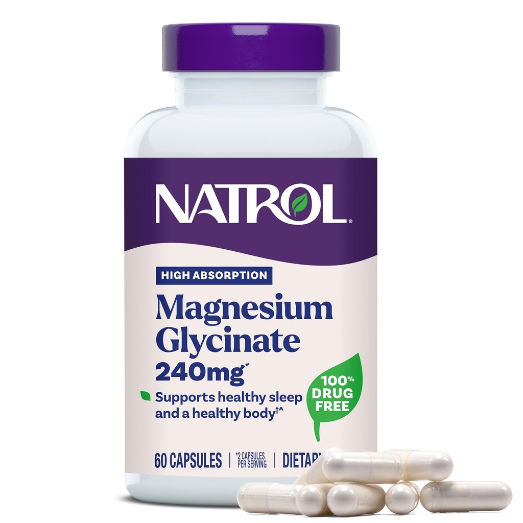 Natrol Magnesium Glycinát doplňky 240 mg - vysoká absorpce - Klidný magnesium- Glycinát pro spánek - 60 Kapsle, 30 denní zásoba