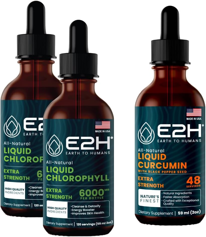 E2H: Chlorofylové kapalné kapky (2 Pack - 4 Fl Oz) a tekutý kurkumin (Single Bottle - 2 Fl Oz) Př