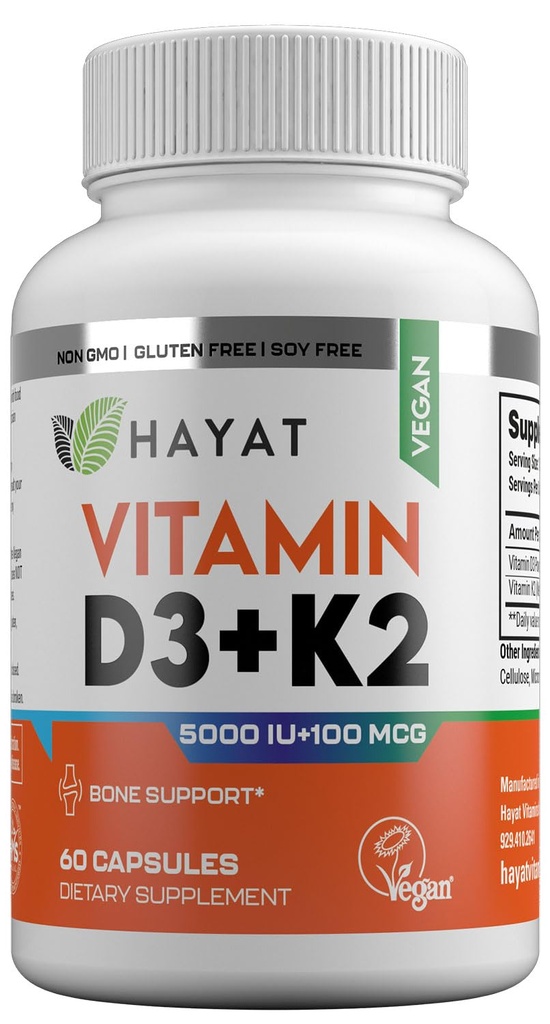 HAYAT Vitamíny Vegan Vitamin D3 + K2 (5000 IU + 100 MCG), Dietní dodatek pro kosti, zuby, svalové a imunitní zdravotní podpora, 2 Měsíční dodávky, Certified Halal, 60 Kapsle, Made in USA