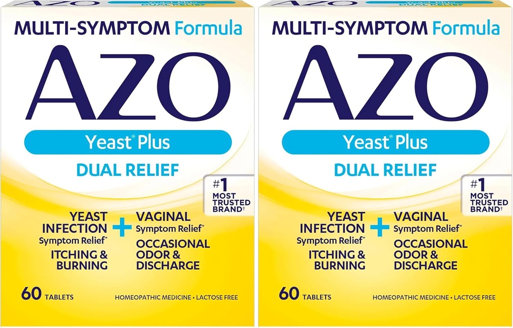 AZO Yeast Plus Dual Relief Tablety, kvasinková infekce a vaginální příznaky Relief, Relieves Svědění & Hoření, 60 Počet (balení po 2)