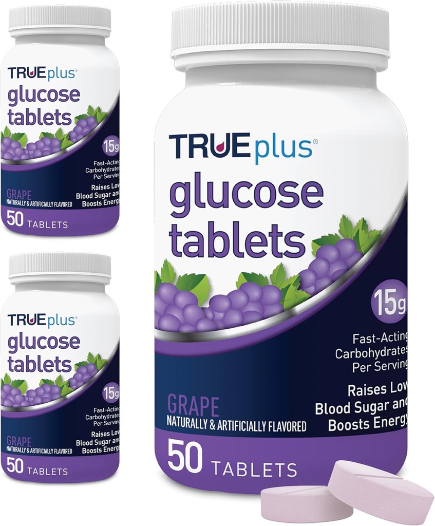 Tablety přípravku TRUEplus ® Glukóza, Grape Flavor - 50ct Lahvička - 3 balení