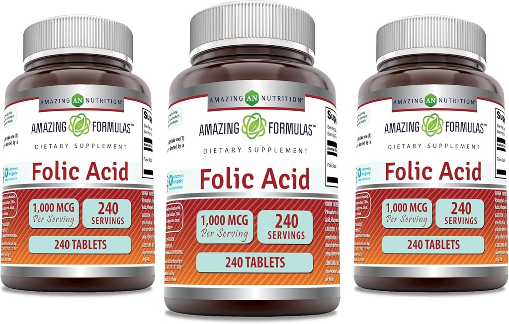 Amazing Difficias Folic Acid 1000 mcg (1 mg) Tablety dodatek 124; Vitamin B9 Acid 124; Non- GMO Acid 124; Gluten Free Acid 124; Made in USA (240 Počet 124; 3 Pack)