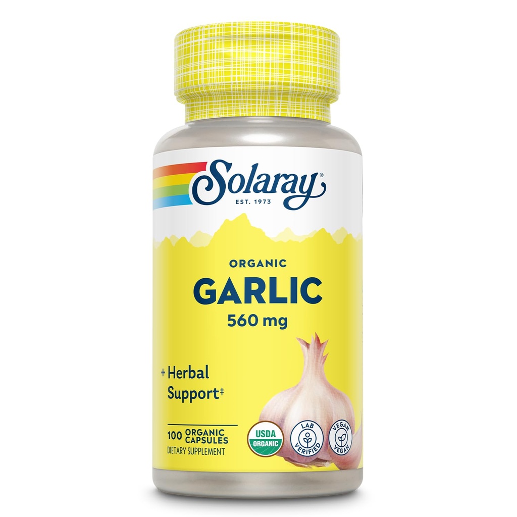 Solaray organické česnekové pilulky - 560 mg česnekové doplňky pro podporu srdečního zdraví - USDA organické česnekové kapsle - Vegan - 60- Day Money-Back Garance - 100 Servings, 100 VegCaps