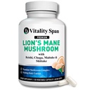 Lions Mane Dodatek Kapsle - Houby Extract: Chaga, Maitake, Reishi & Shiitake Houby CUF 124; Pure Fruiting Body CUP 124; Nootropní, Focus, Brain and Cognitive Support CUP 124; 120 Veggie Caps