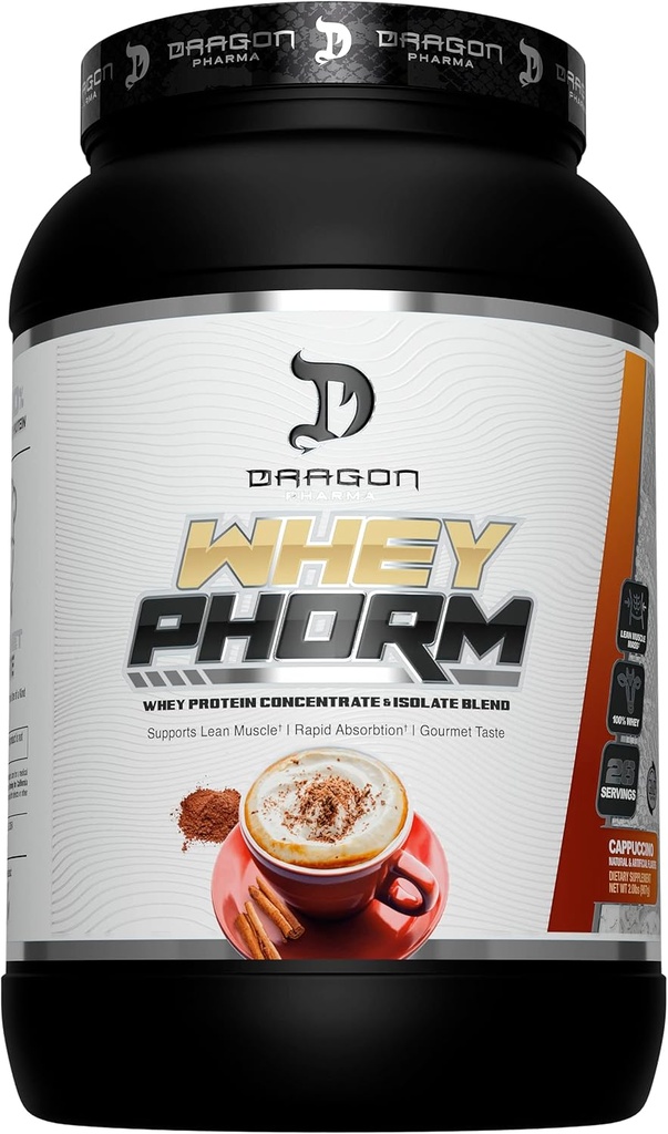 DRAGON PHARMA Whey Protein Blend, Rychlá absorpce, Gluten Free, 100% syrovátkový protein, WheyPhorm, Maximalizovat obnovu, Velké Ochutnávání, 25 gramů proteinu (26 Služeb, Cappuccino)