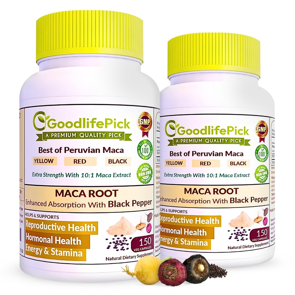 Peruánské Maca kořenové kapsle s Black Pepper 150 ct. Premium Yellow Maca Red Maca & Black Red Maca Výkonný 10: 1 Všechny typy Maca extrahovat všechny přírodní non-GMO Vegan NO rýže prášek NO Silicon