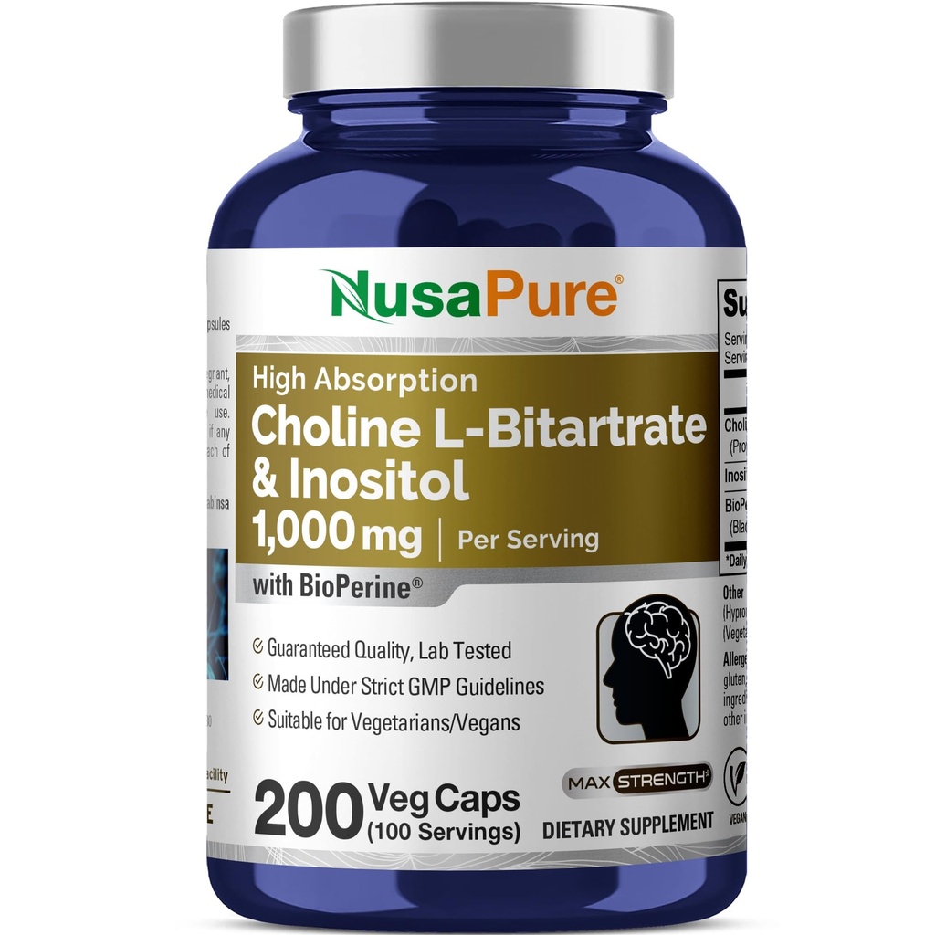 NusaPure Cholin & Inositol 1000mg - 200 Veggie Caps (100% Vegetarian, Non- GMO) Bioperin
