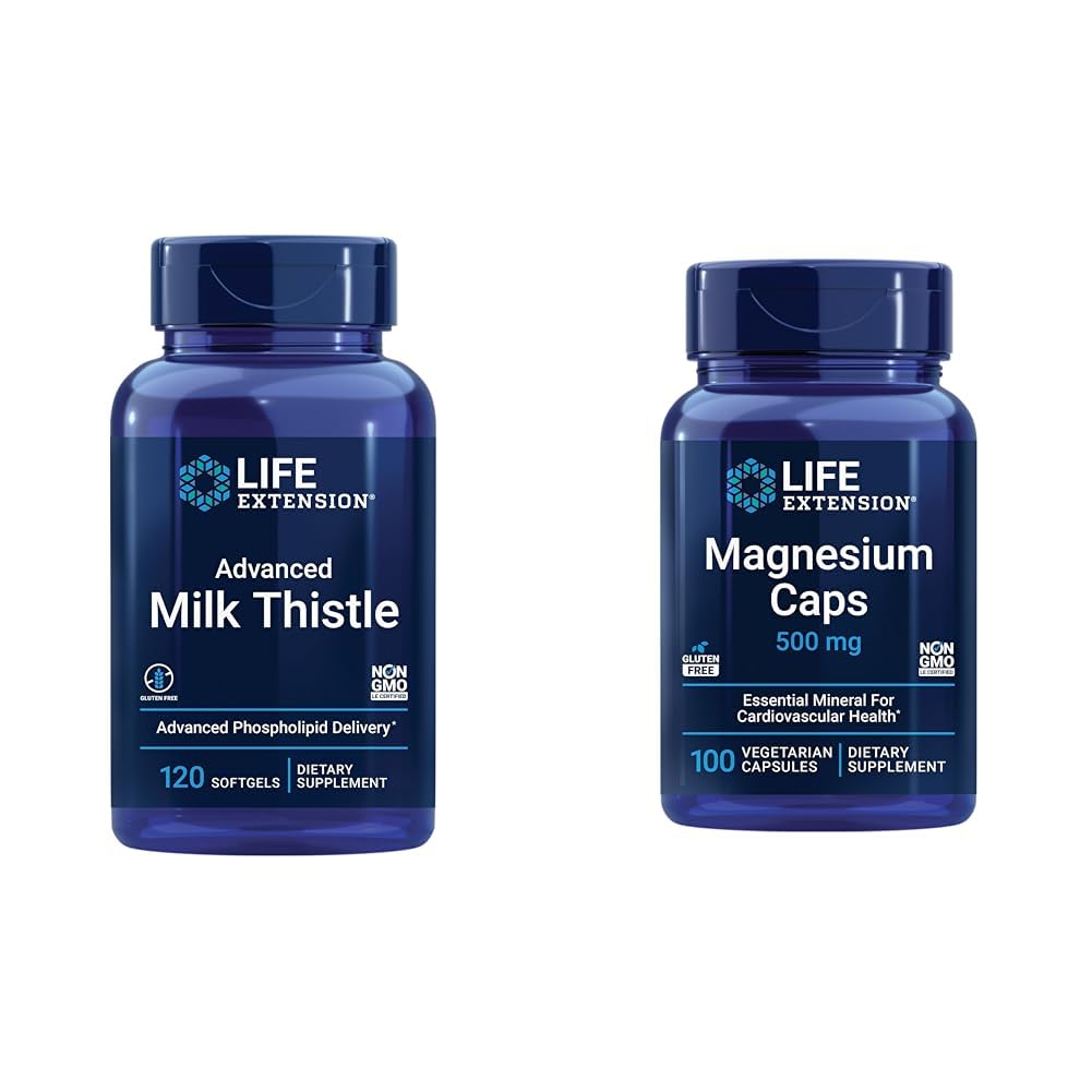 Life Extension Advanced Milk Thistle 120 Softgels and Magnesium 500mg Kapsle pro zdraví jater, Detox Support, Heart Health, and Health Bones