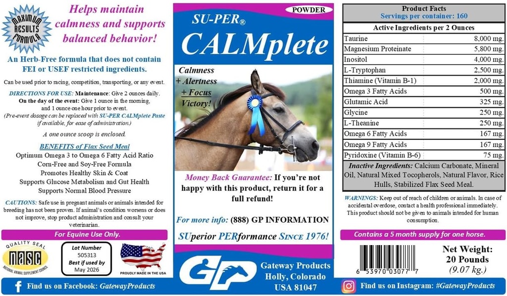 SU-PER CALMplete Calming Horse Supplement - Udržovat Calmness & Balanced Behavior - Thiamin, Tryptofan & Magnesium - 20 liber, 5 měsíců dodávky (150 dní)
