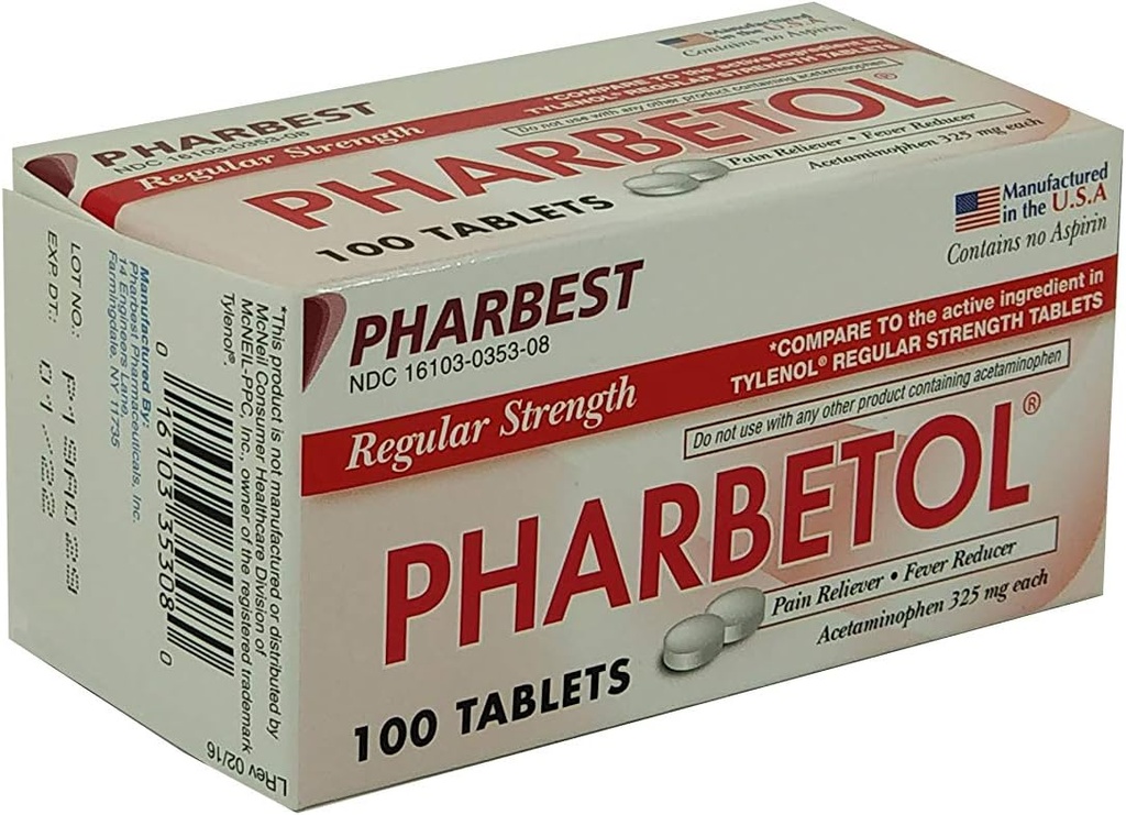 Pharbetol Acetaminophen 325mg Pravidelná síla, Reliever bolesti, Reducer Horečka tablety, 100 Počet (Balení po 1)