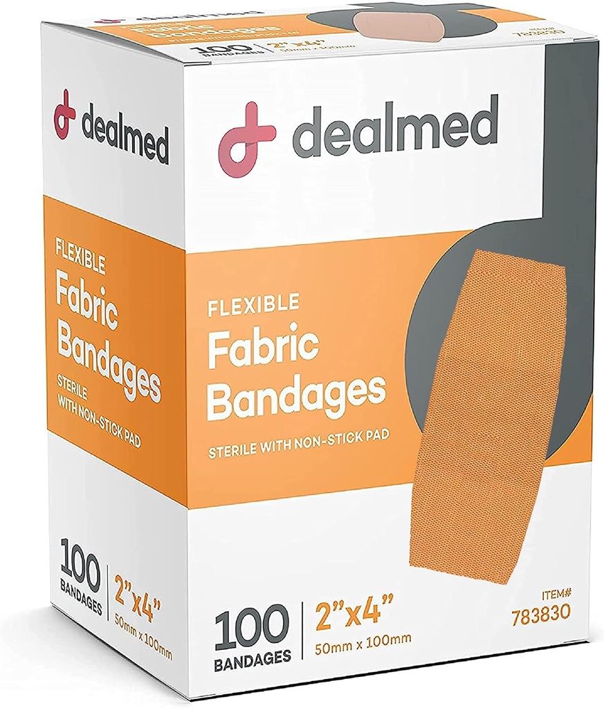 Dealmed Fabric Flexible Adhesive Obvazy s non-Stick Pad, Latex Free, Wound Care for First Aid Kit, 2 "x 4" (Box of 100)
