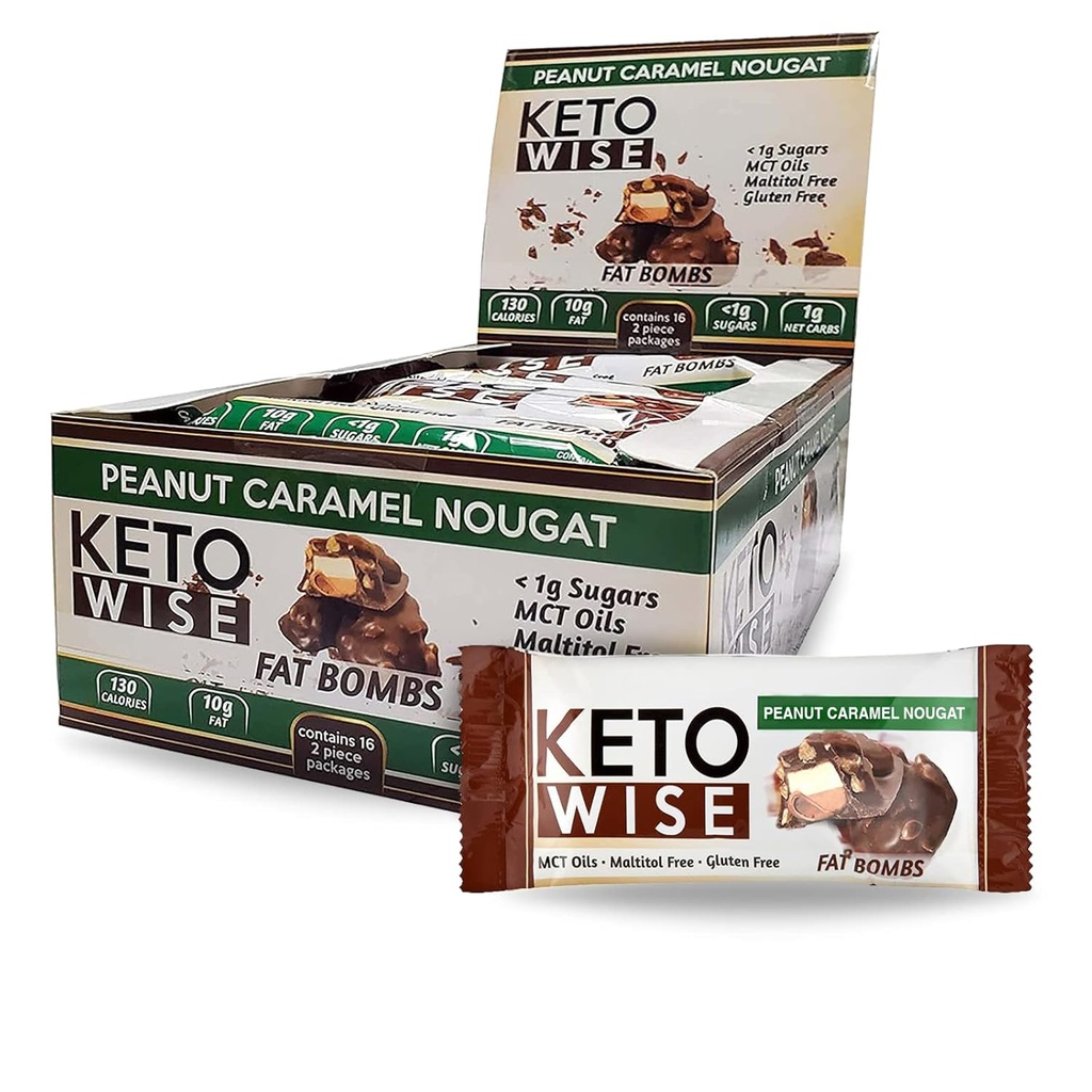 Keto Wise Fat Bombs - Vyrobeno z čokolády obsahující MCT Oil - Nízký tuk, Nízký karb a Keto Friendly Snack - 7g Tuk, 2g Čisté karby 124; Arašídové karamelové nugátové, balení 16