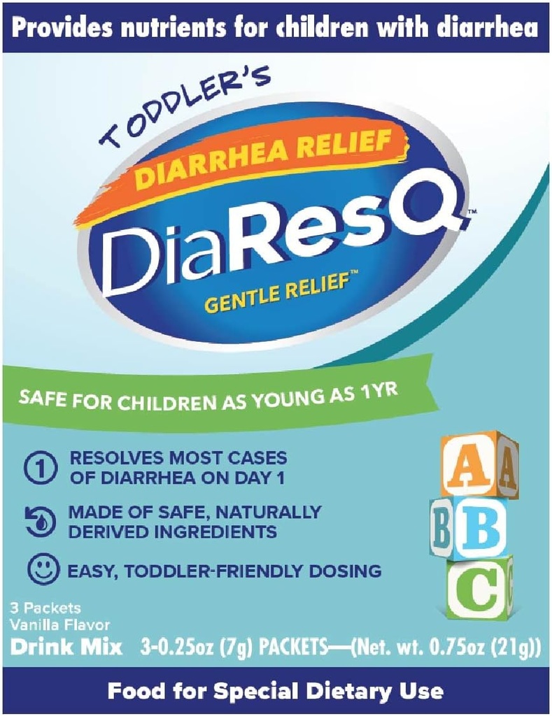 DiaResQ Diarrhea & Imunitní podpora Colostrum Drink Mix pro Toddlers (1 + Roky) Balení 3, Gentle Relief, Pomáhá obnovit normální střevní funkce, Antibiotic & Drug- Free, Gluten Free, Vanilla Flavor