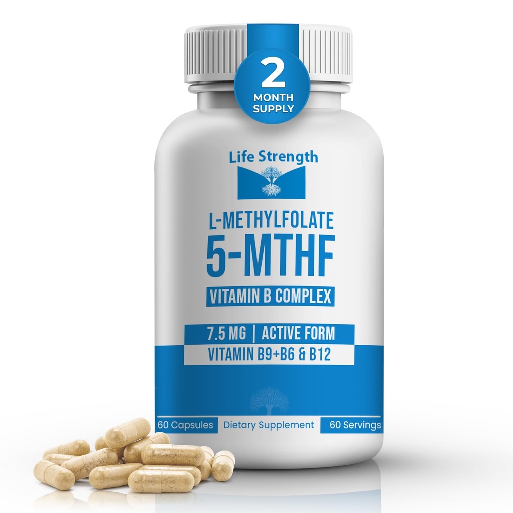 L- methylfolát + B Balance (7, 5mg) - 5- MTHF, B6, B2 & B12 Methylkobalamin B Complex - 60 Kapsle - Profesionální síla aktivní methylfolát - Non GMO, gluten Free, No Fillers