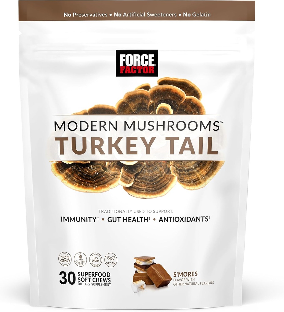FORCE FACTOR Moderní houby měkké Chews, Turecko Tail Houba dodatek k podpoře imunity, trávicí zdraví, a vitalita, Antioxidanty dodatek, Delicious S 'Mores Flavor, 30 měkké Chews