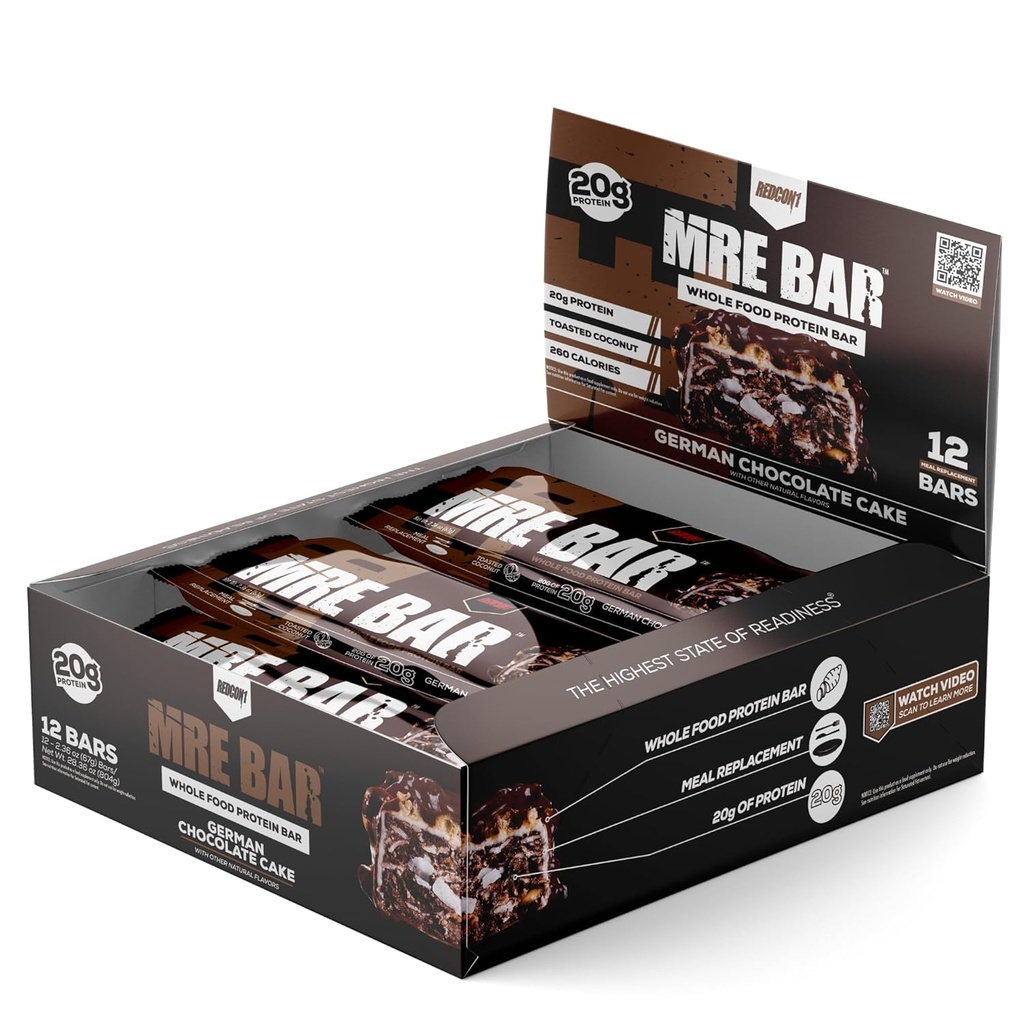 REDCON1 MRE Protein Bar, Německý čokoládový dort - Obsahuje MCT Oil + 20g celého potravinového proteinu - snadno stravitelné, Makro vyvážený nízkocukerný jídelní bar (12 barů)