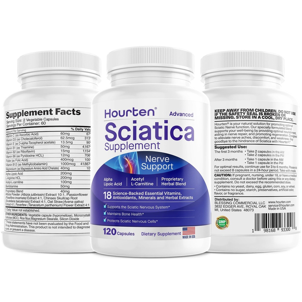 Advanced Sciatic Nerve Support Relief: Alpha Lipoic Acid - 18 in 1 Sciatica doplňky - vitamin B Complex - Made in USA (120 Počet (Balení po 1))