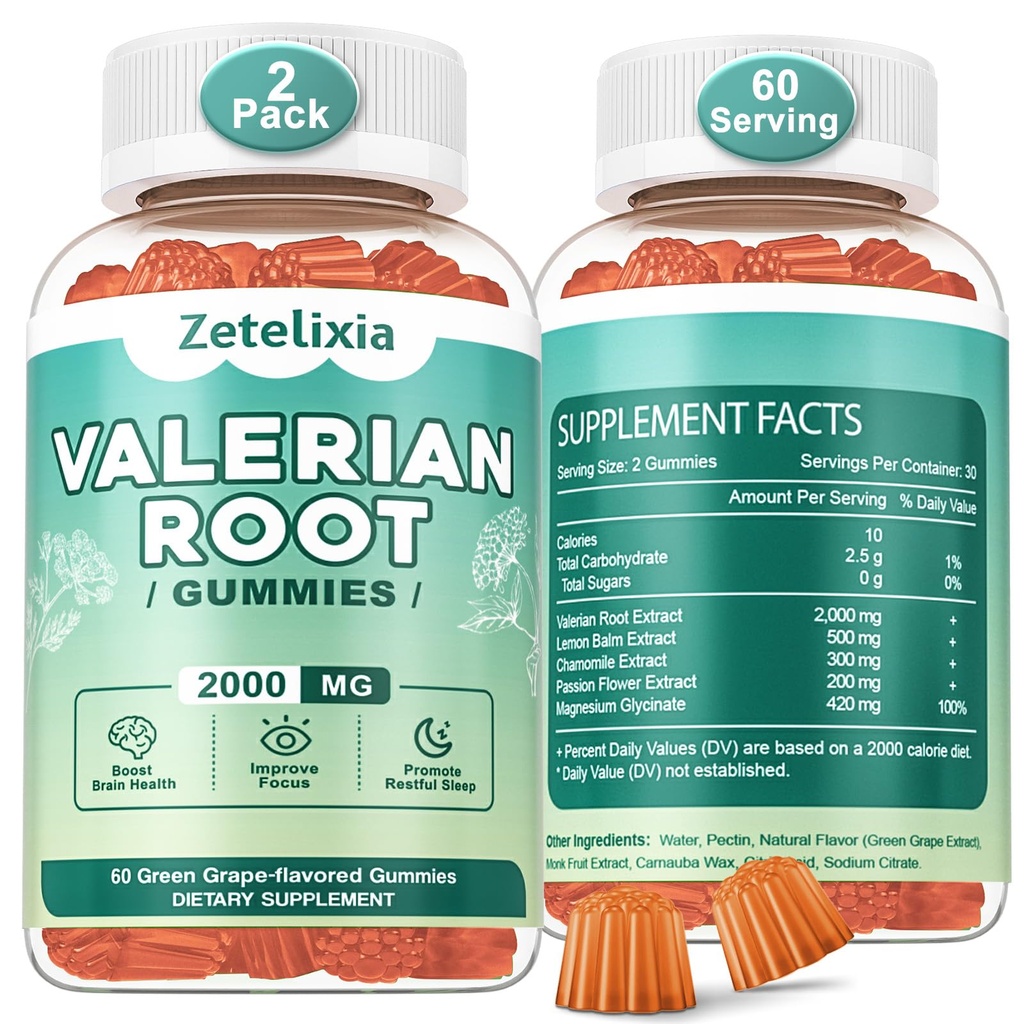 2 Pack Organic Valerian Root Gummies, Přírodní klid pomoci relaxace, Bylinný dodatek pro Mood Support, Melatonin zdarma, Non- GMO, Gluten zdarma, Vegan, Green Grape Flavor, 120 Počet