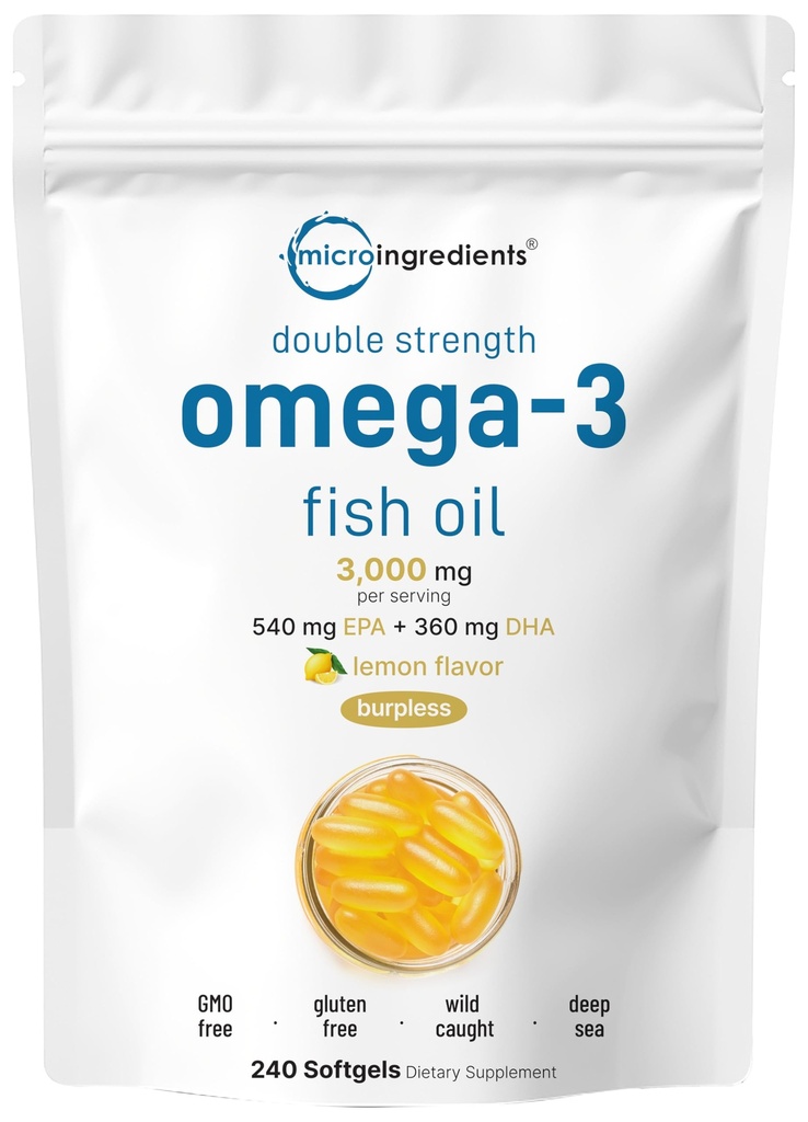 Mikro přísady Omega 3 Rybí olej doplňky 3,000mg per Serving, 240 Softgels CU124; Lemon ochucený - Burless CU124; EPA 540mg + DHA 360mg CU124; Deep Sea Fish