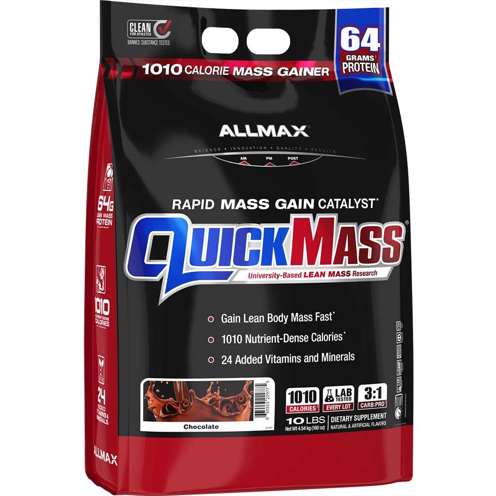 ALLMAX QUICKMASS, Čokoláda - 10 liber - Katalyzátor vysokoteplotního příjmu - až 64 gramů proteinu per Serving - 3: 1 karb na proteinový poměr - 0 Trans Fat - až 70 porcí