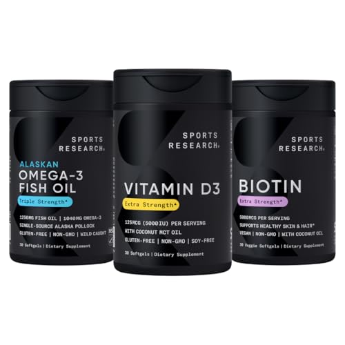 Sports Research Triple Strength Omega 3 Burless Fish Oil 1250mg z Wild Aljaška Pollock, Vitamin D3 5000 IU s Coconut MCT Oil (125mcg) a Vegan Biotin 5000mcg Vitamin B7-30 Softgels