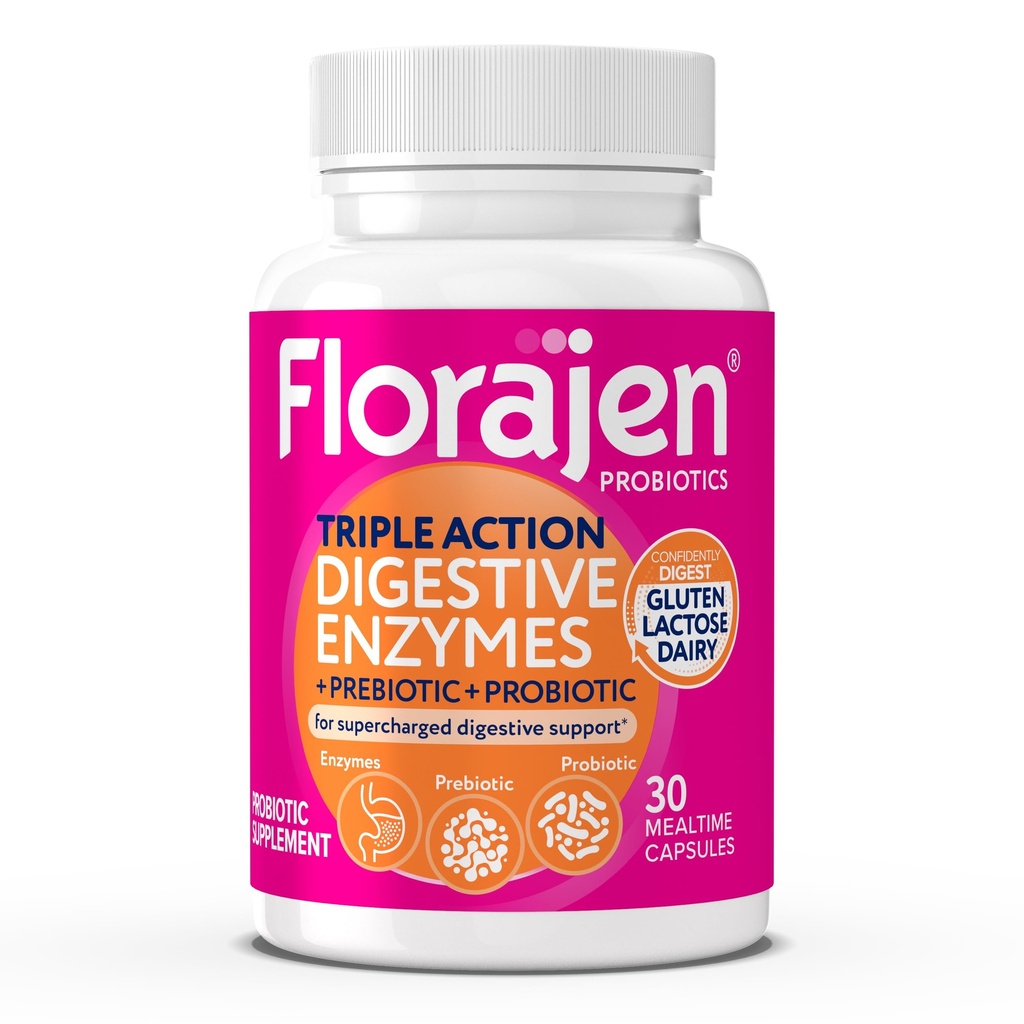 Florajen trávicí enzymy s probiotika a prebiotika - Triple- Akční Formule pro Gut zdraví, Bloating, & Gas Relief - Podporuje gluten & Dairy Digestion - čisté, Non- GMO - 30- Počet