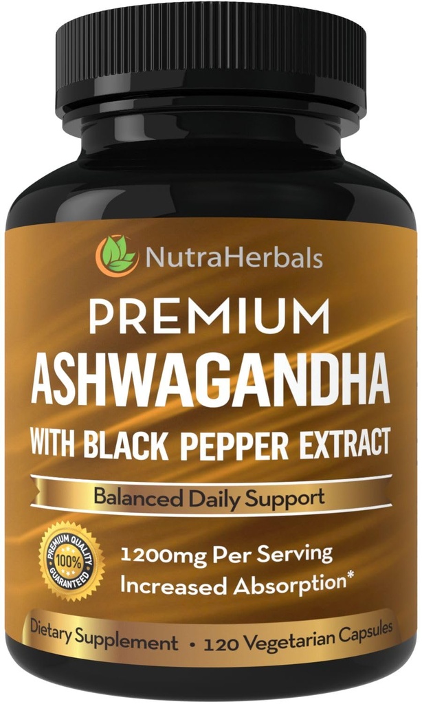 Ashwagandha dodatek Vyrobeno s Premium Ashwaganda Root Powder 1200mg s Black Pepper Extract pro zvýšení absorpce - 120 Vegi Kapsle