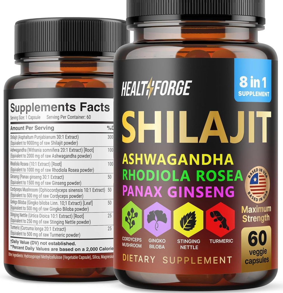 Shilajit Kapsle Organic Extract Blend 60 Kapsle pro muže a ženy - Shilajit Dodatek 9000mg Ashwagandha, Imunitní podpora Dodatek 2000mg Rhoddiola, Ginko Ginkgo Biloba