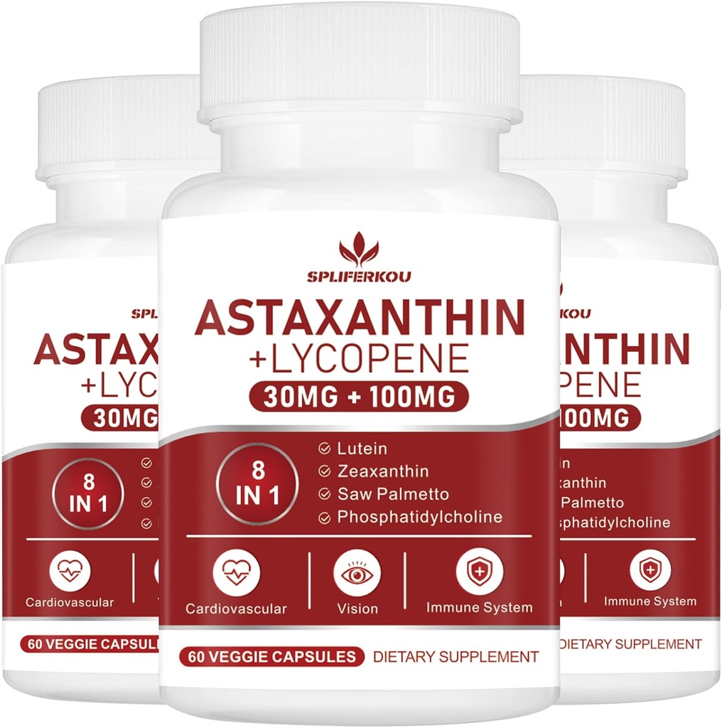 Astaxanthin a Lycopen 70mg, dodatek Astaxanthinu s fosfatidylcholinem, Luteinem a Zeaxanthinem, dodatek k účinným antioxidantům (180 Kapsle)